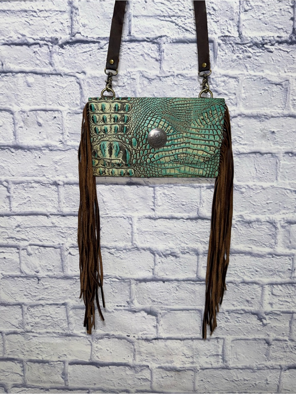 Unbranded Turquoise Tooled Leather Fringe Crossbody Bag Western Boho Cowgirl